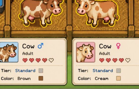 Two adult Fields of Mistria livestock animals displayed for a breeding comparison