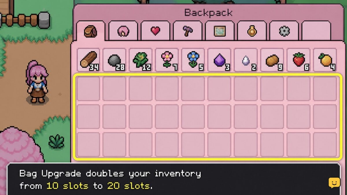 Fields of Mistria character with an open expanded backpack inventory