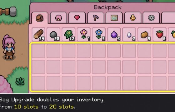 Fields of Mistria character with an open expanded backpack inventory