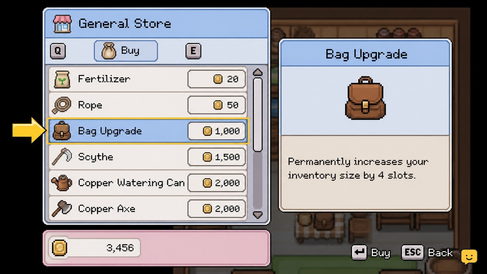 Fields of Mistria General Store inventory with the Bag Upgrade highlighted