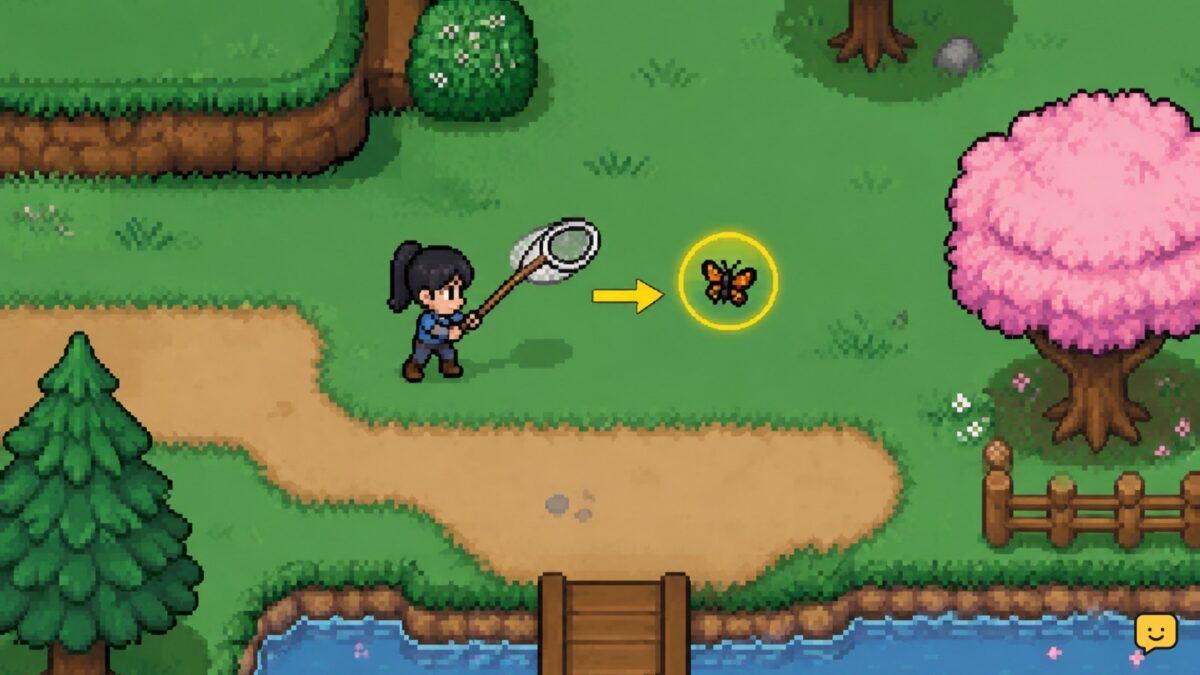 Fields of Mistria character holding a Bug Net near an overworld insect