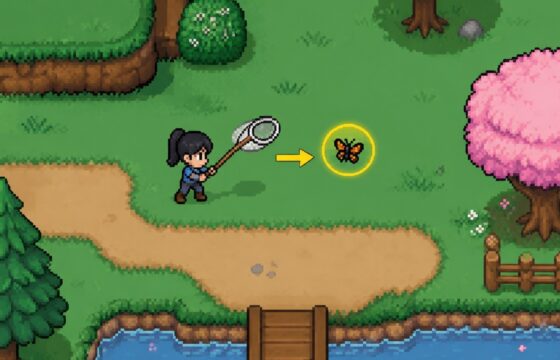 Fields of Mistria character holding a Bug Net near an overworld insect