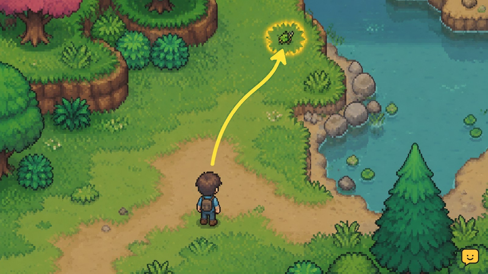 Fields of Mistria outdoor search route showing terrain edges and a visible bug