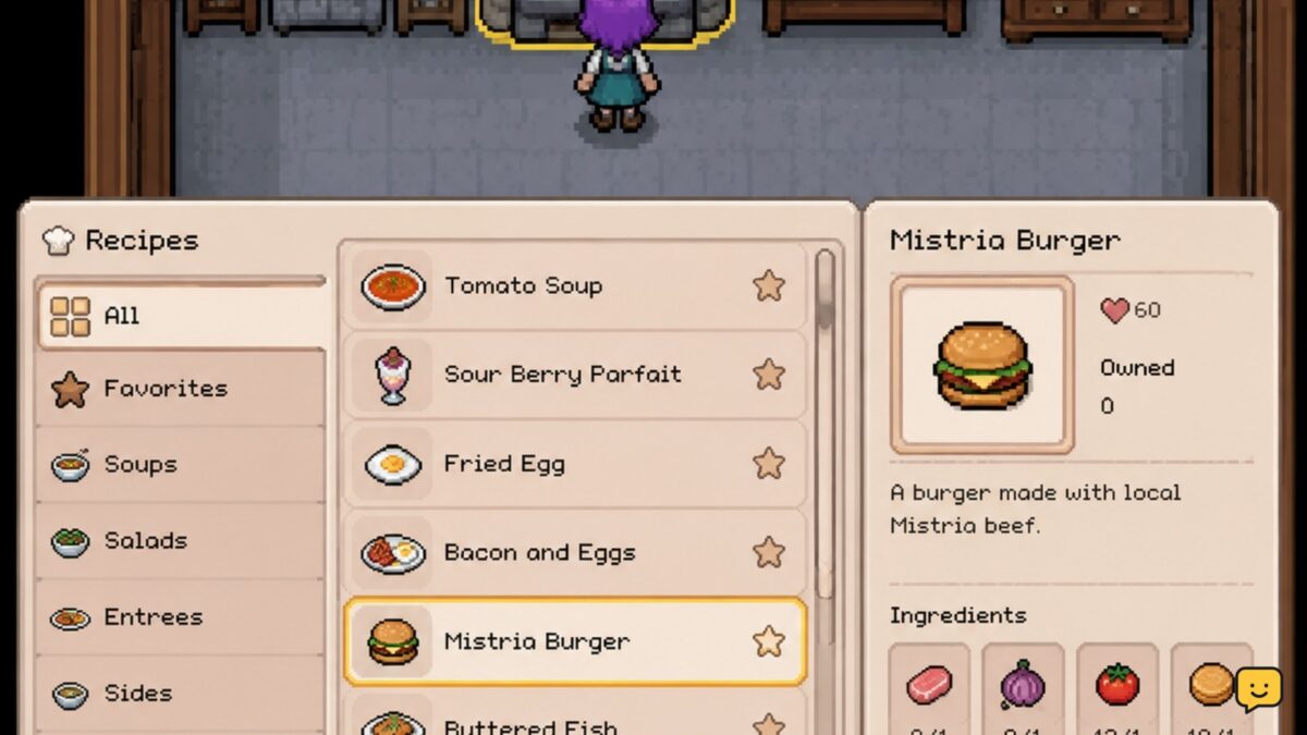 Fields of Mistria cooking station with recipe categories and an available dish selected