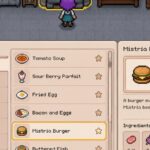 Fields of Mistria cooking station with recipe categories and an available dish selected