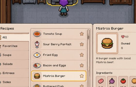 Fields of Mistria cooking station with recipe categories and an available dish selected