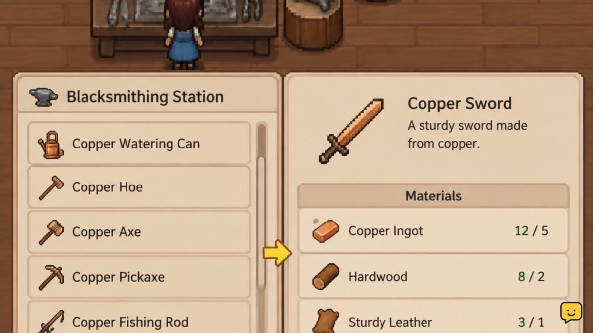 Fields of Mistria Crafting Station with a recipe and material requirements visible