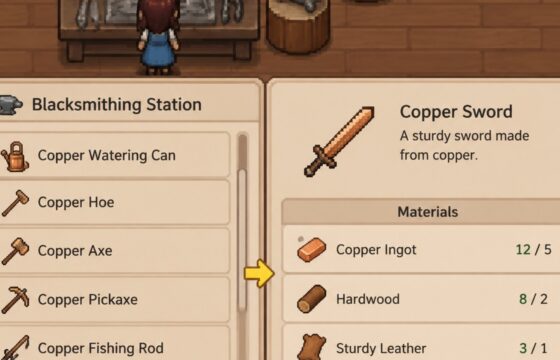 Fields of Mistria Crafting Station with a recipe and material requirements visible