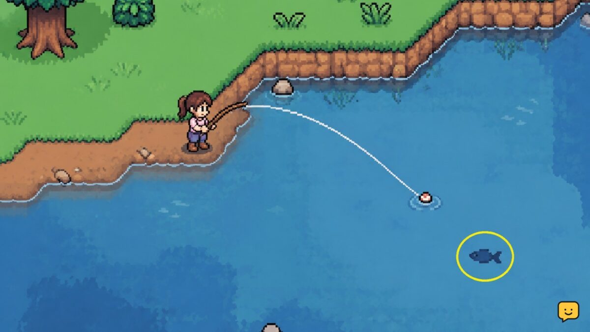 Fishing in Fields of Mistria beside a visible fish shadow