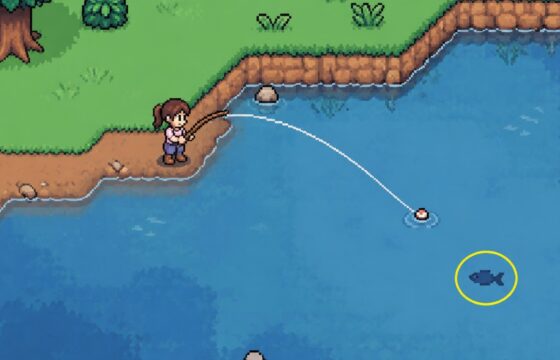 Fishing in Fields of Mistria beside a visible fish shadow
