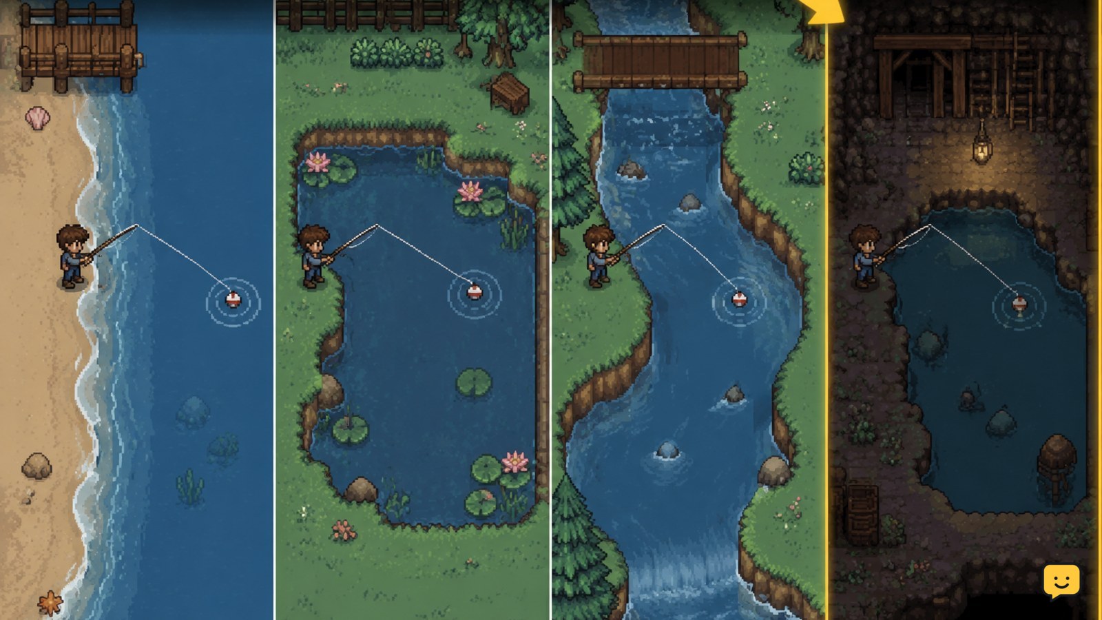 Fields of Mistria fishing locations showing river, pond, ocean, and mine water examples