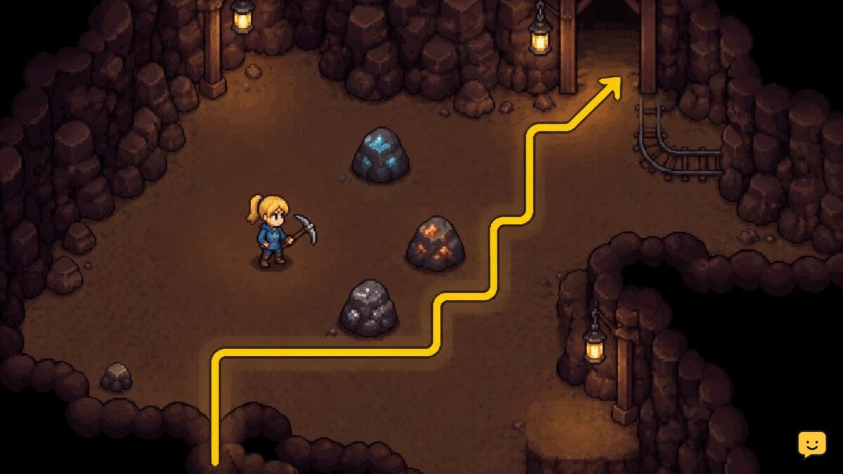 A Fields of Mistria character explores a mine beside ore nodes while keeping an exit route visible.