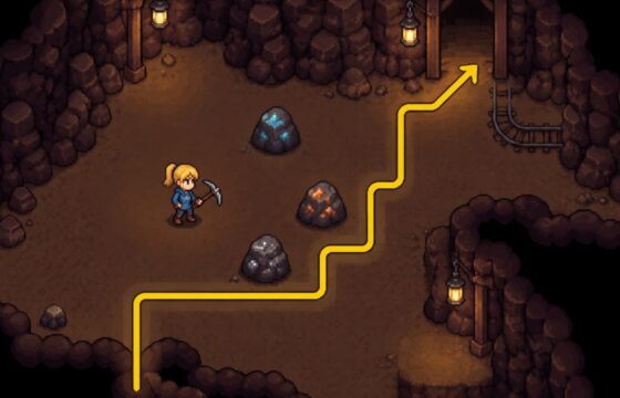 A Fields of Mistria character explores a mine beside ore nodes while keeping an exit route visible.