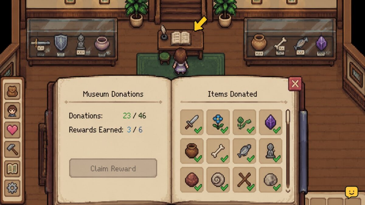 Fields of Mistria Museum interior with the donation ledger and collection displays visible
