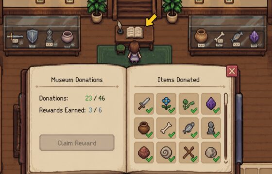 Fields of Mistria Museum interior with the donation ledger and collection displays visible
