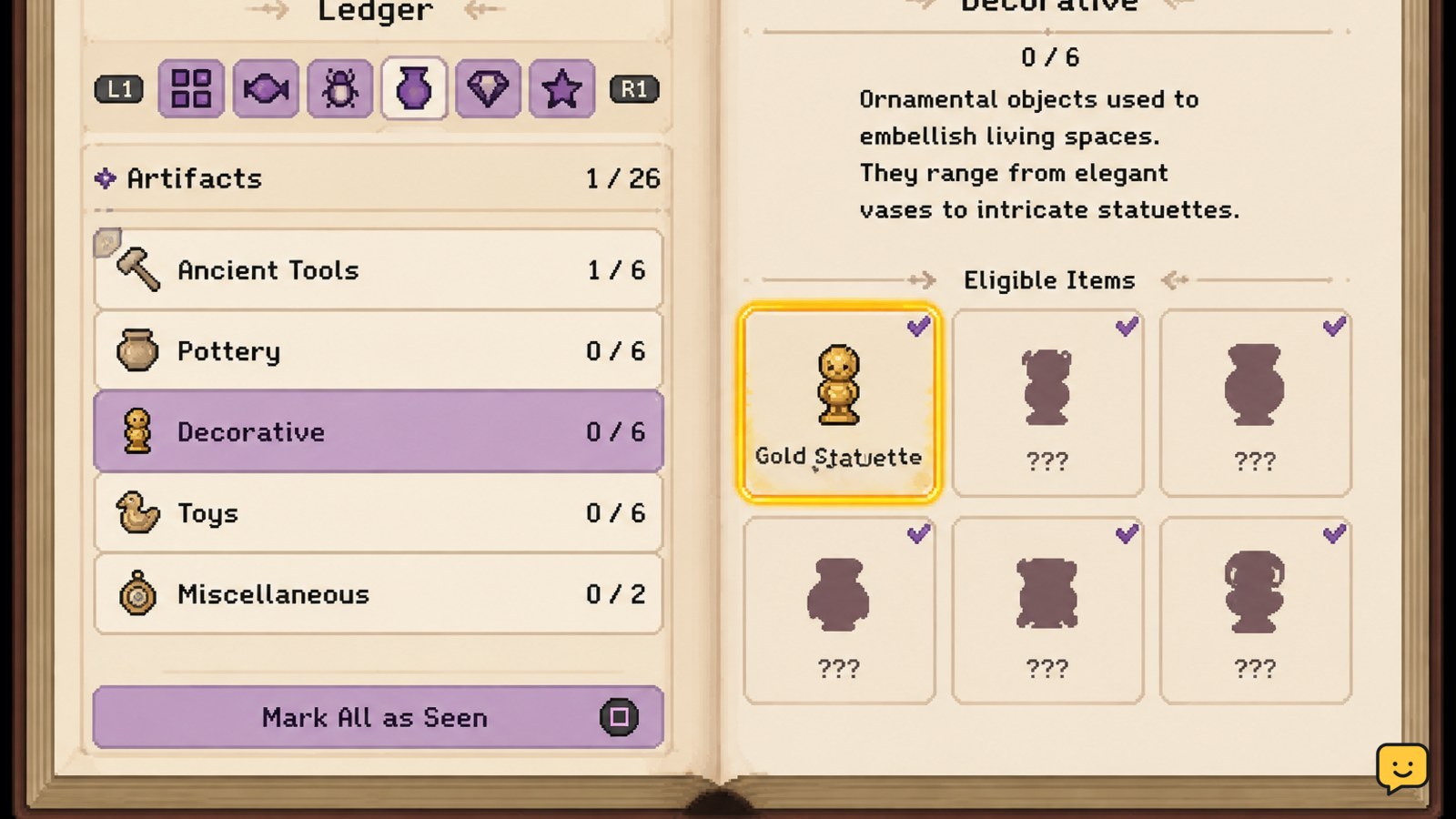 Fields of Mistria museum donation ledger showing collection categories and an eligible item