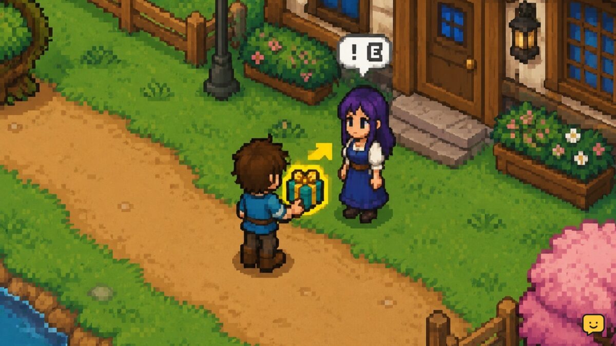Player character approaching a villager with a gift in Fields of Mistria