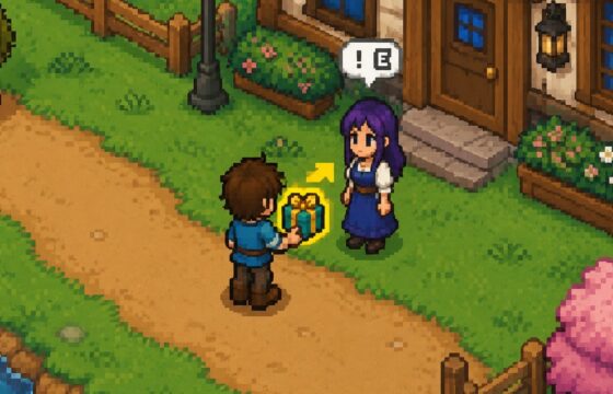 Player character approaching a villager with a gift in Fields of Mistria