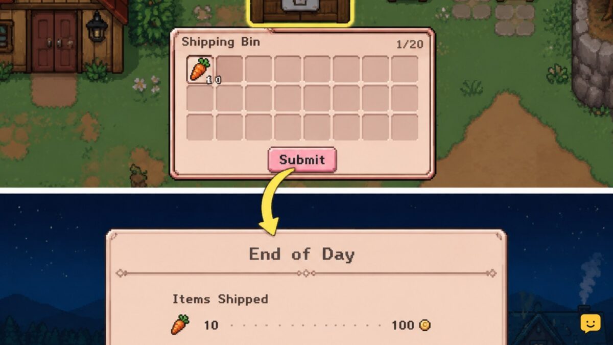 Fields of Mistria farm shipping bin with submitted items and an end-of-day earnings summary