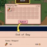 Fields of Mistria farm shipping bin with submitted items and an end-of-day earnings summary