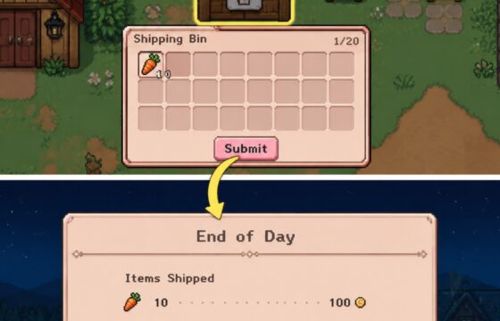 Fields of Mistria farm shipping bin with submitted items and an end-of-day earnings summary