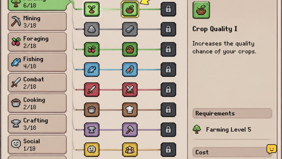 Fields of Mistria skill tree showing skill categories, Essence costs, and available perk tiers