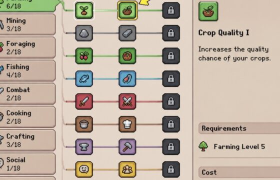 Fields of Mistria skill tree showing skill categories, Essence costs, and available perk tiers