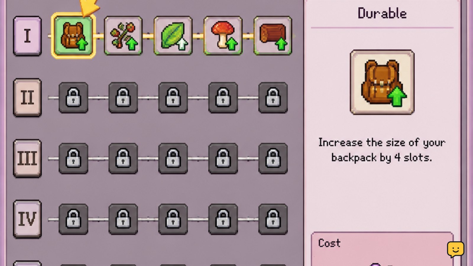 Fields of Mistria skill perk interface with one available perk selected and locked higher tiers visible