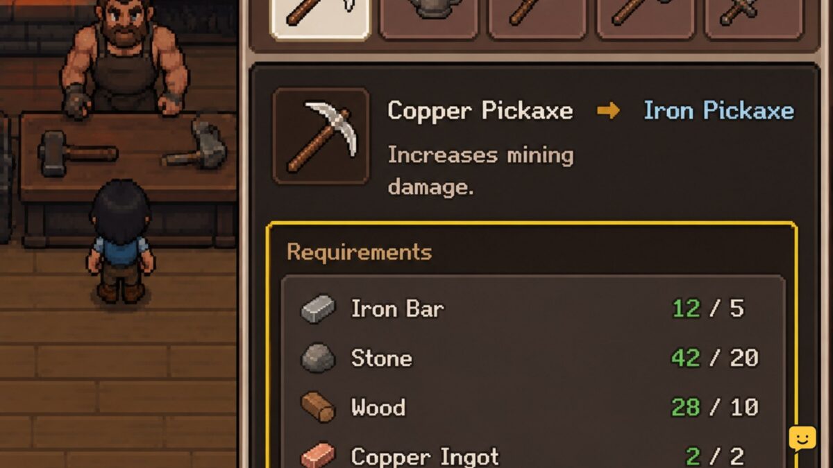 Fields of Mistria tool upgrade screen showing a tool and its required materials