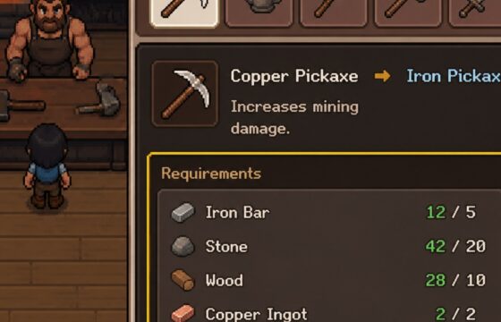 Fields of Mistria tool upgrade screen showing a tool and its required materials