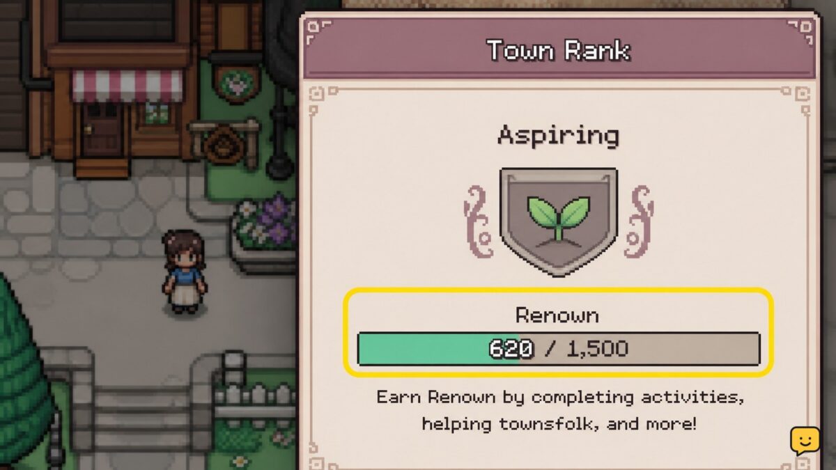 Fields of Mistria town rank display showing Renown progress in town