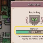 Fields of Mistria town rank display showing Renown progress in town