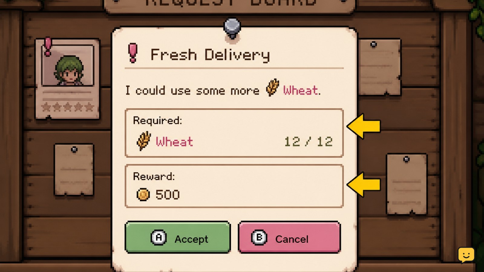 Fields of Mistria request board showing an available town request and required items