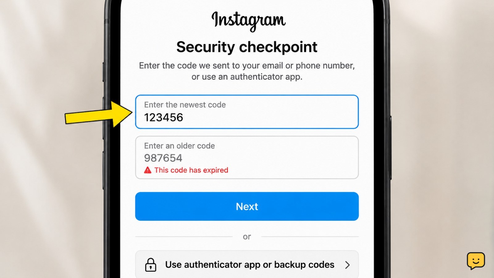 Instagram verification screen with code entry and authenticator recovery choices