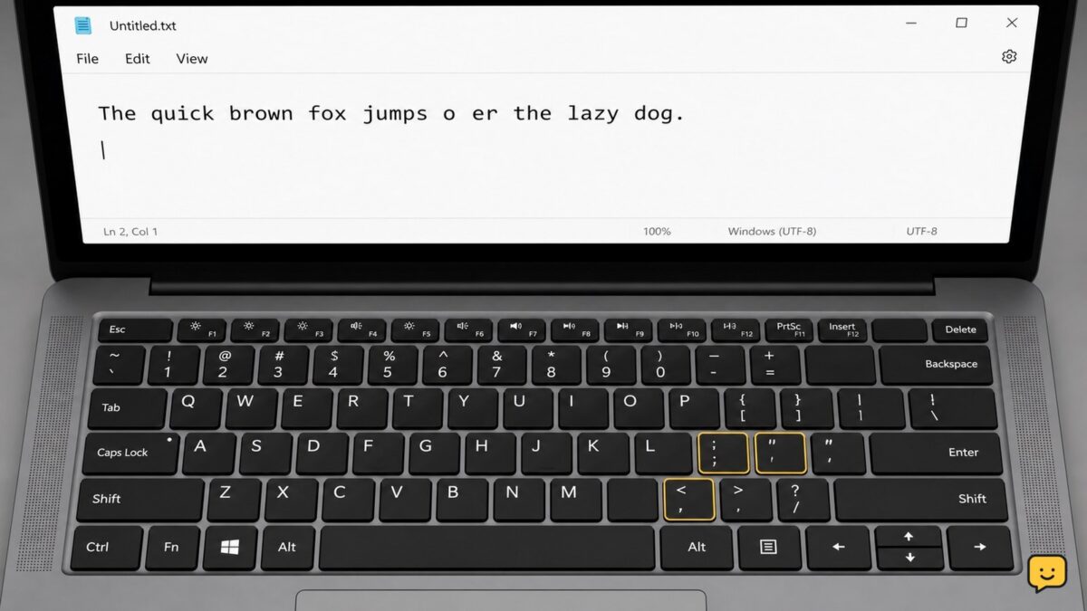 Laptop keyboard with several keys failing to type correctly in a text editor