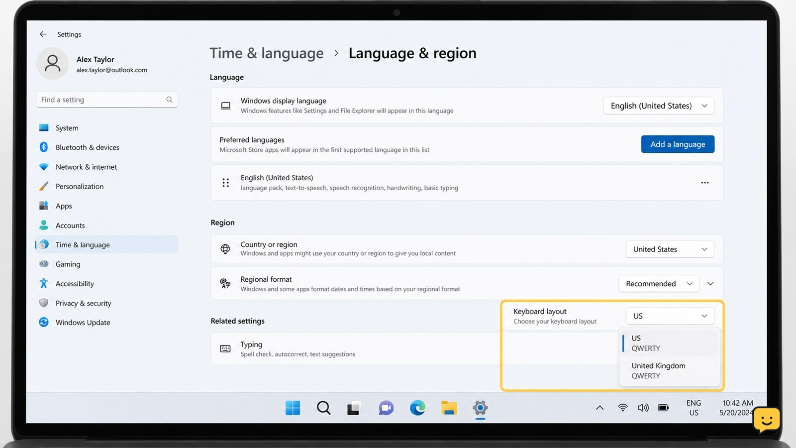 Windows language indicator and keyboard layout settings screen