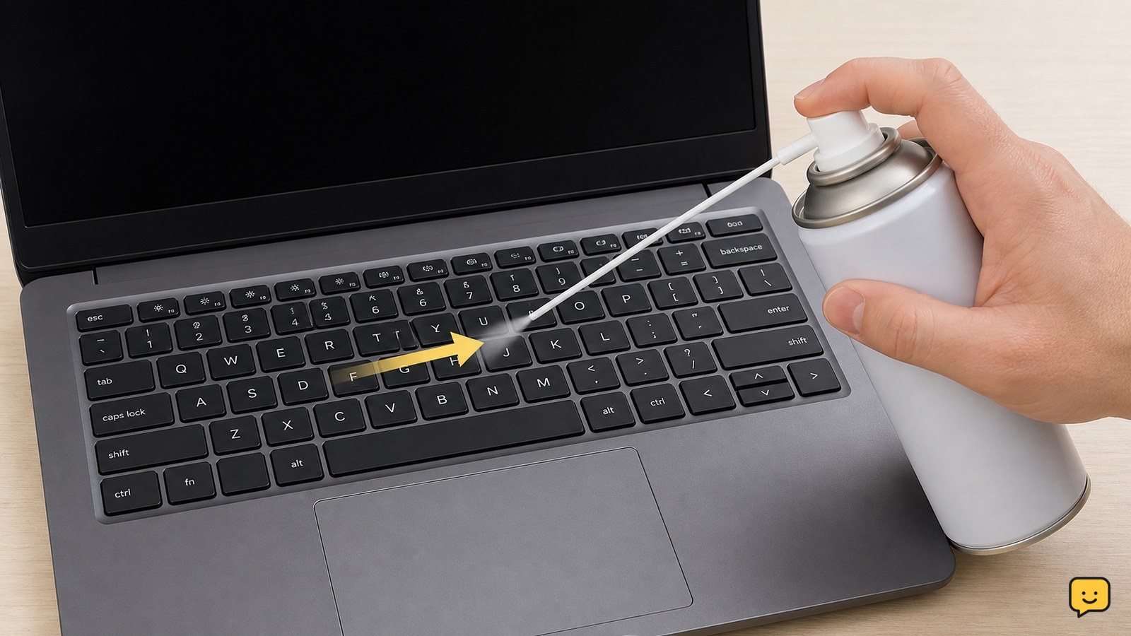 Compressed air being used across a powered-off laptop keyboard