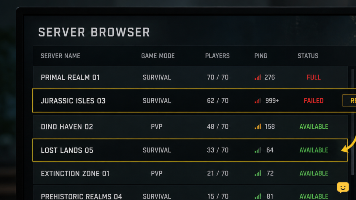 The Isle Evrima server browser showing a failed server and an available alternative