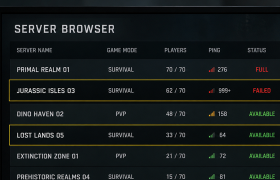The Isle Evrima server browser showing a failed server and an available alternative