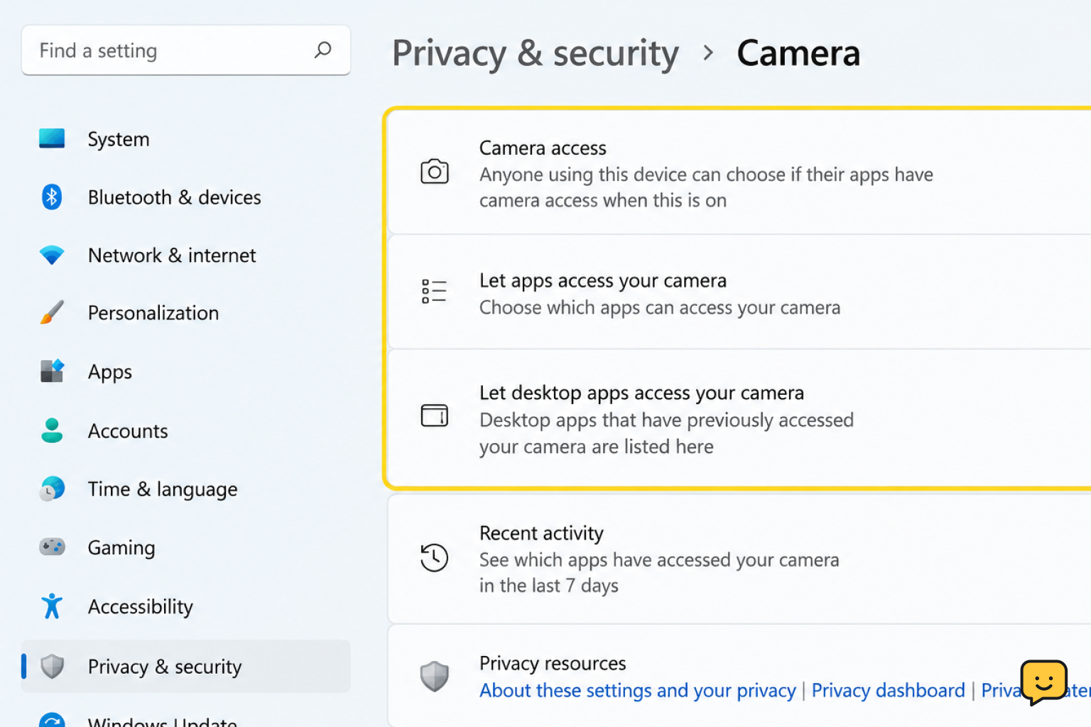 Windows 11 Camera privacy settings with camera and app access enabled