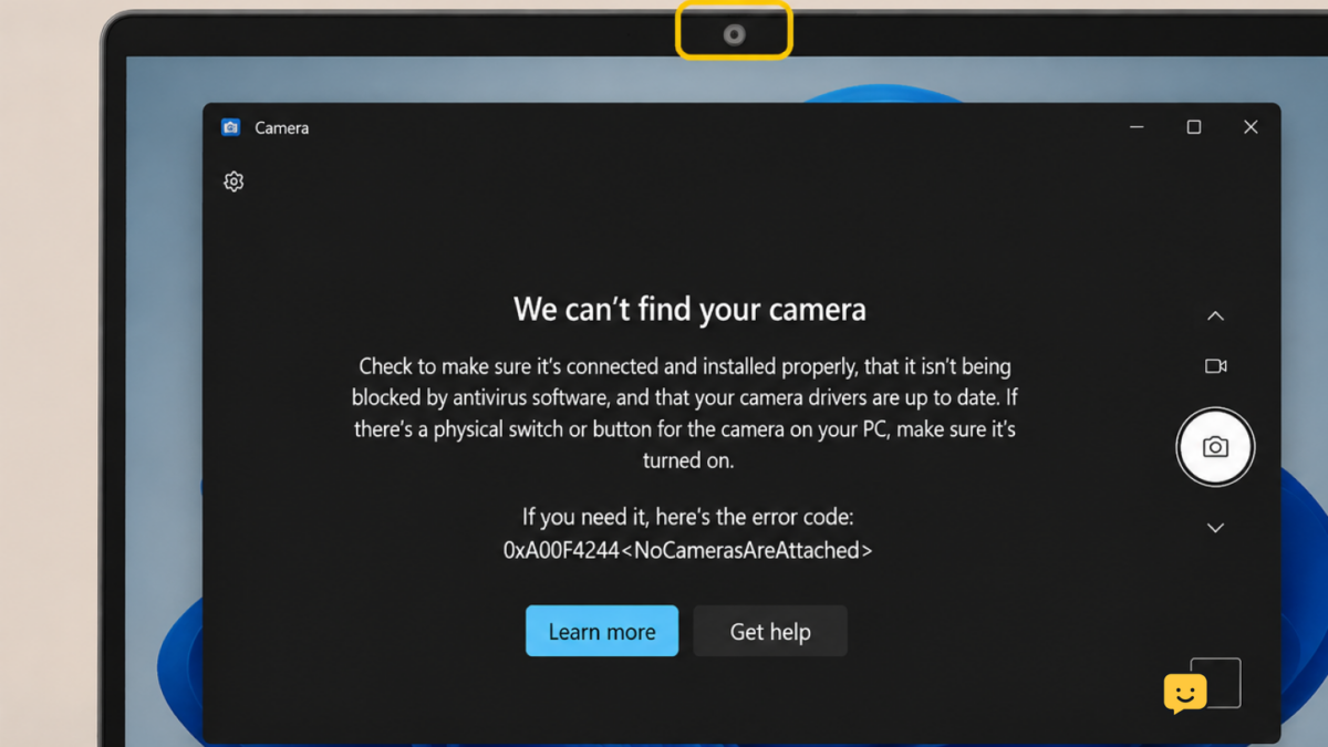 Windows 11 laptop with its built-in webcam highlighted while the Camera app reports no available camera