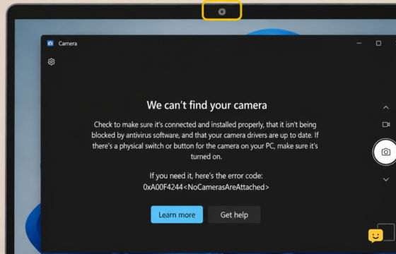 Windows 11 laptop with its built-in webcam highlighted while the Camera app reports no available camera