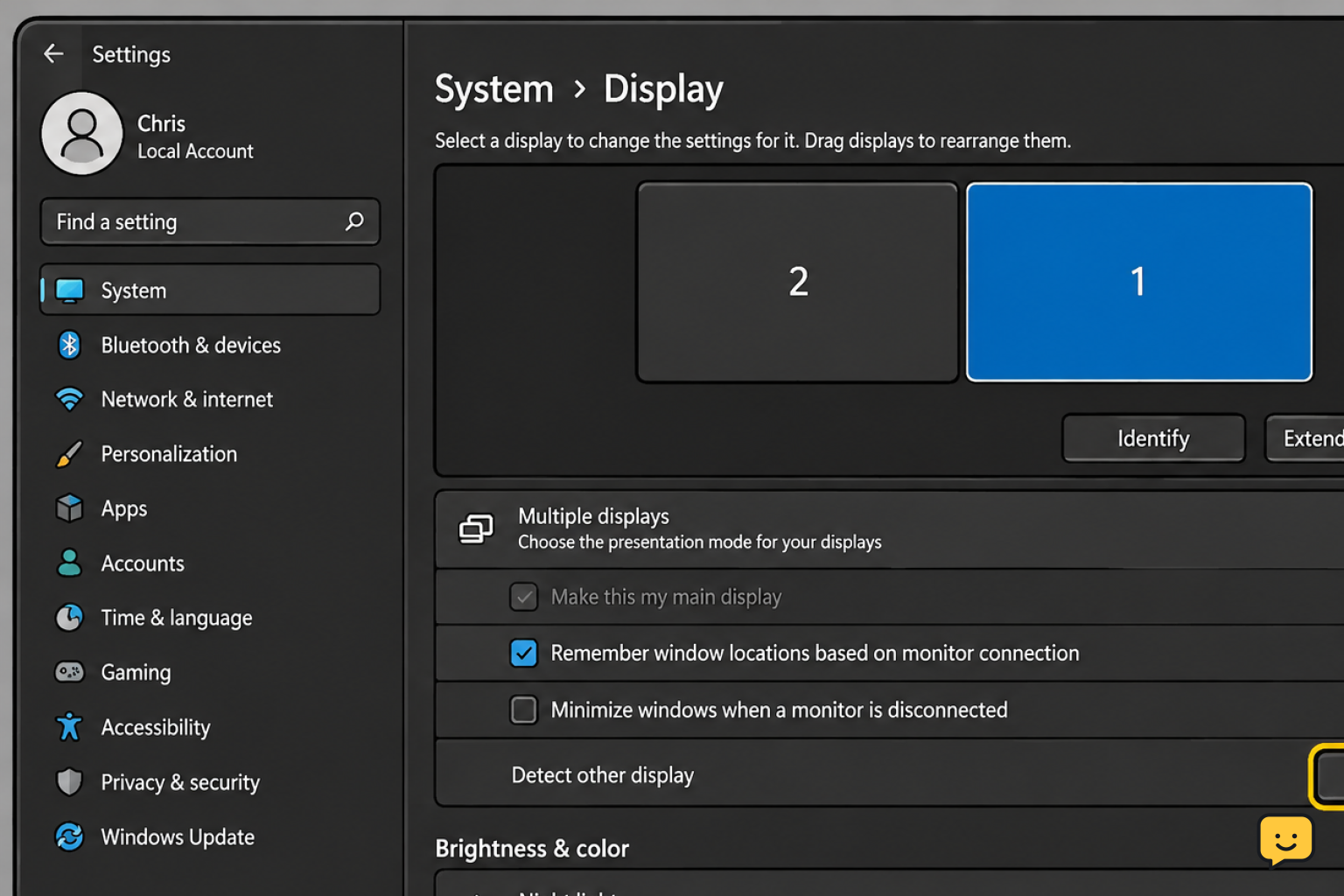 Windows 11 Display settings with Multiple displays expanded and the Detect button highlighted