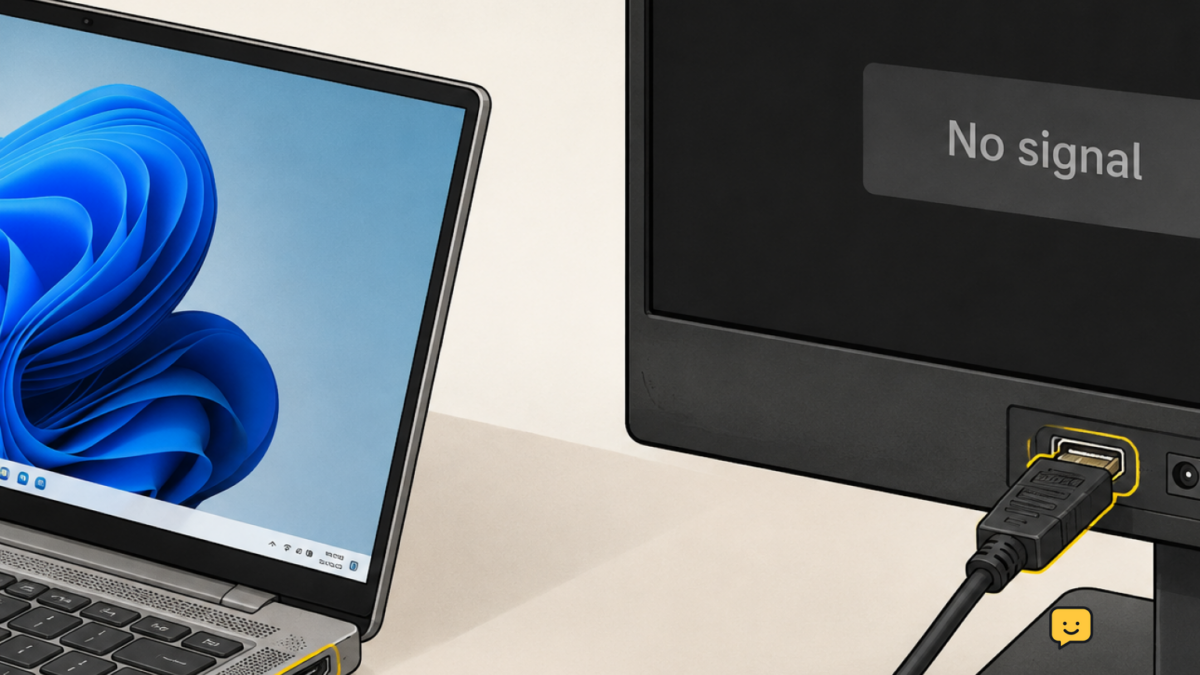 Windows 11 laptop connected by a video cable to a powered second monitor showing no signal