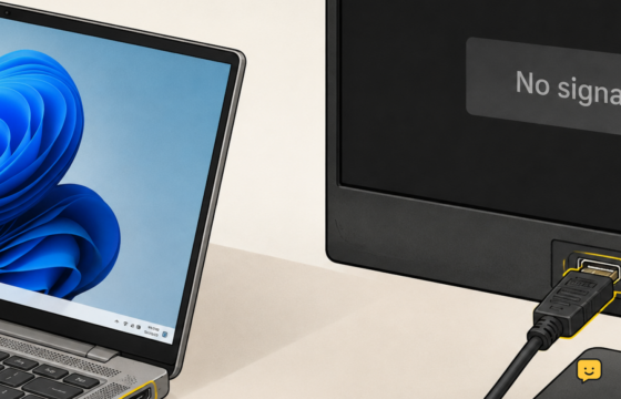 Windows 11 laptop connected by a video cable to a powered second monitor showing no signal