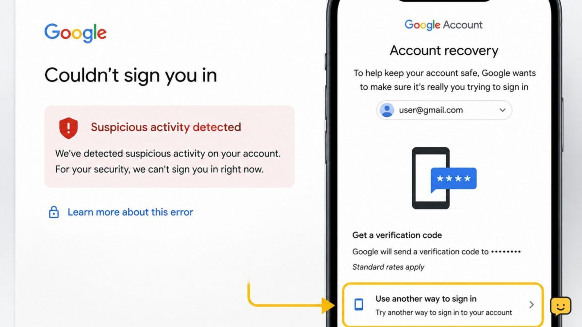 Google sign-in page showing a suspicious activity warning and the official account recovery option