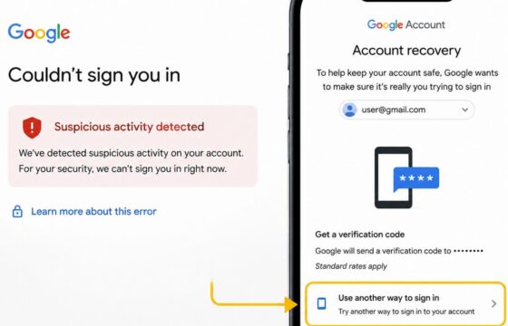 Google sign-in page showing a suspicious activity warning and the official account recovery option