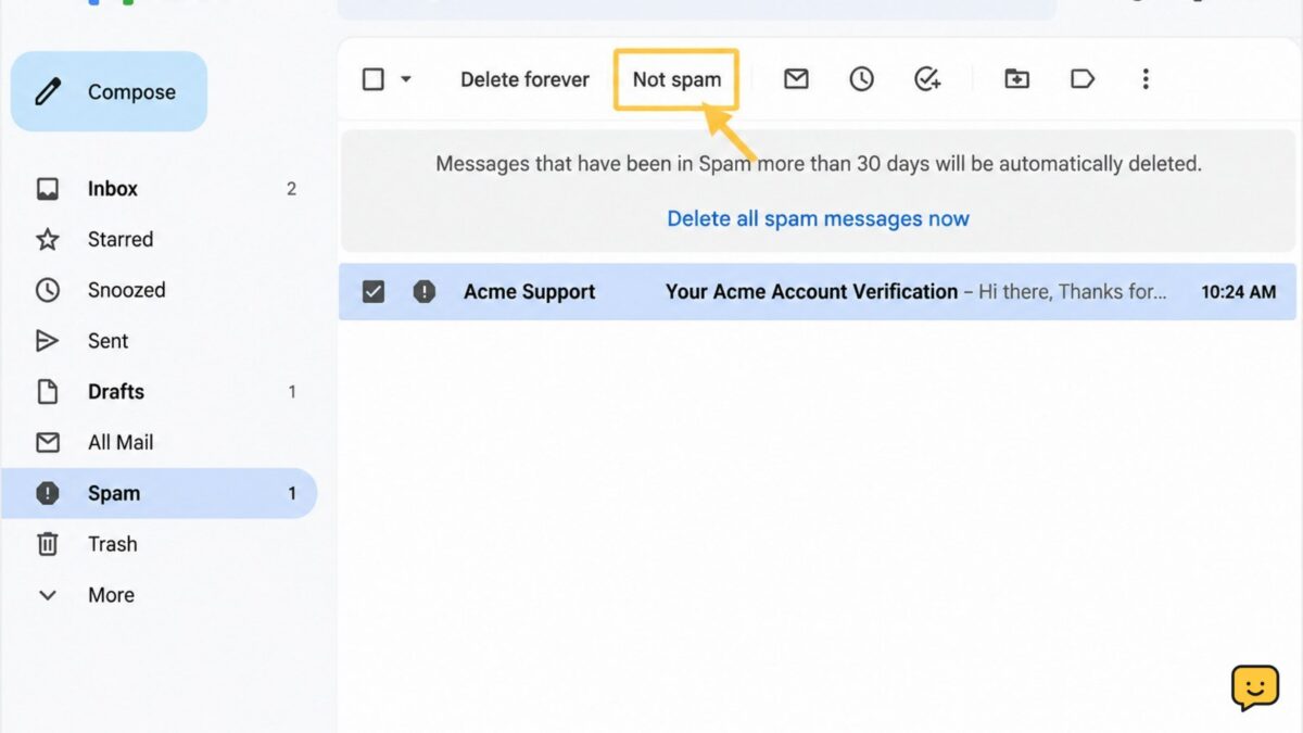 Gmail Spam folder showing a legitimate message with the Not spam action available