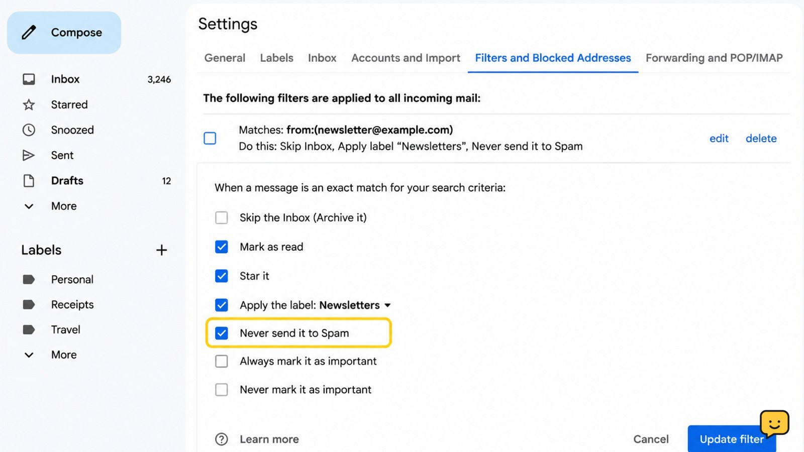 Gmail Settings page open to Filters and Blocked Addresses with a filter action being inspected
