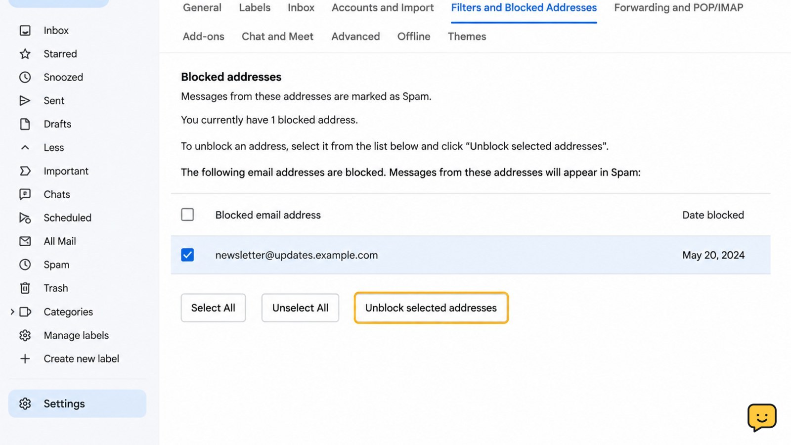 Gmail blocked sender list showing an address selected for review and unblocking